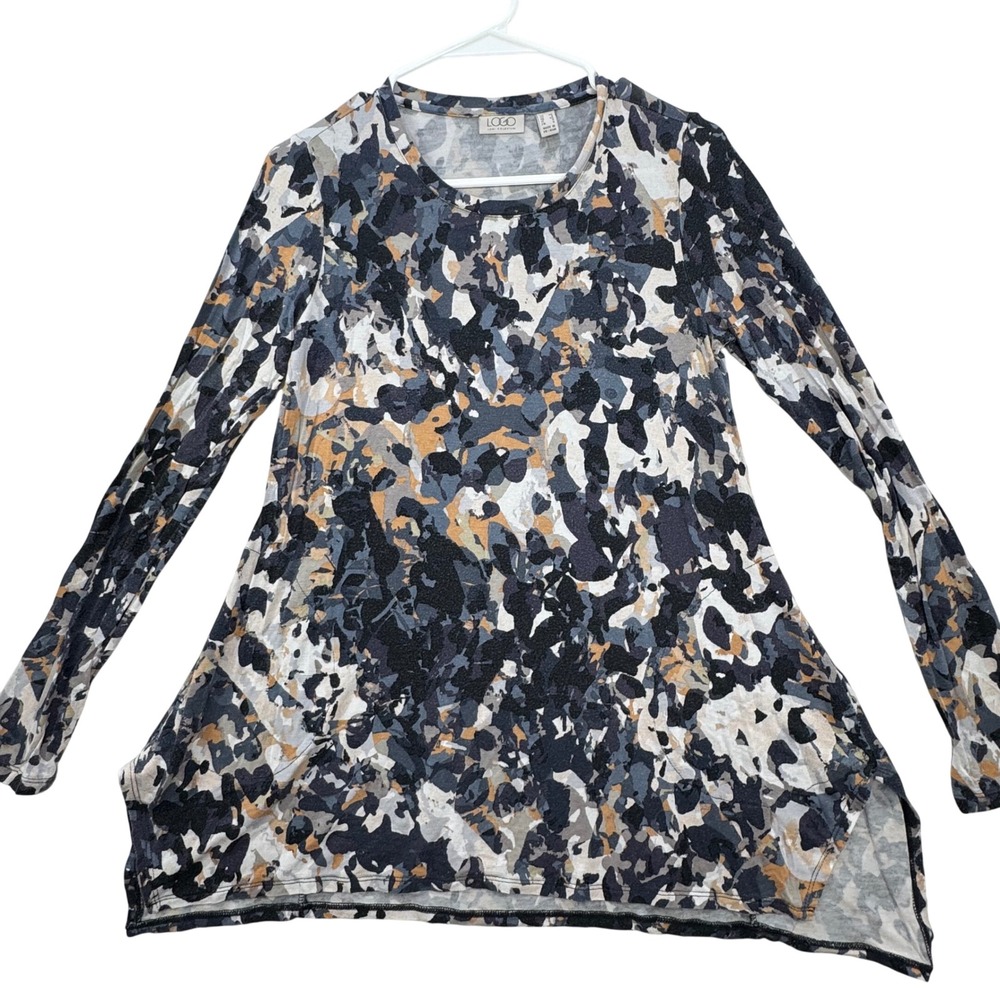 LOGO Lori Goldstein Tunic Top Womens XS Gray Camo Long‎ Sleeve High Low Casual